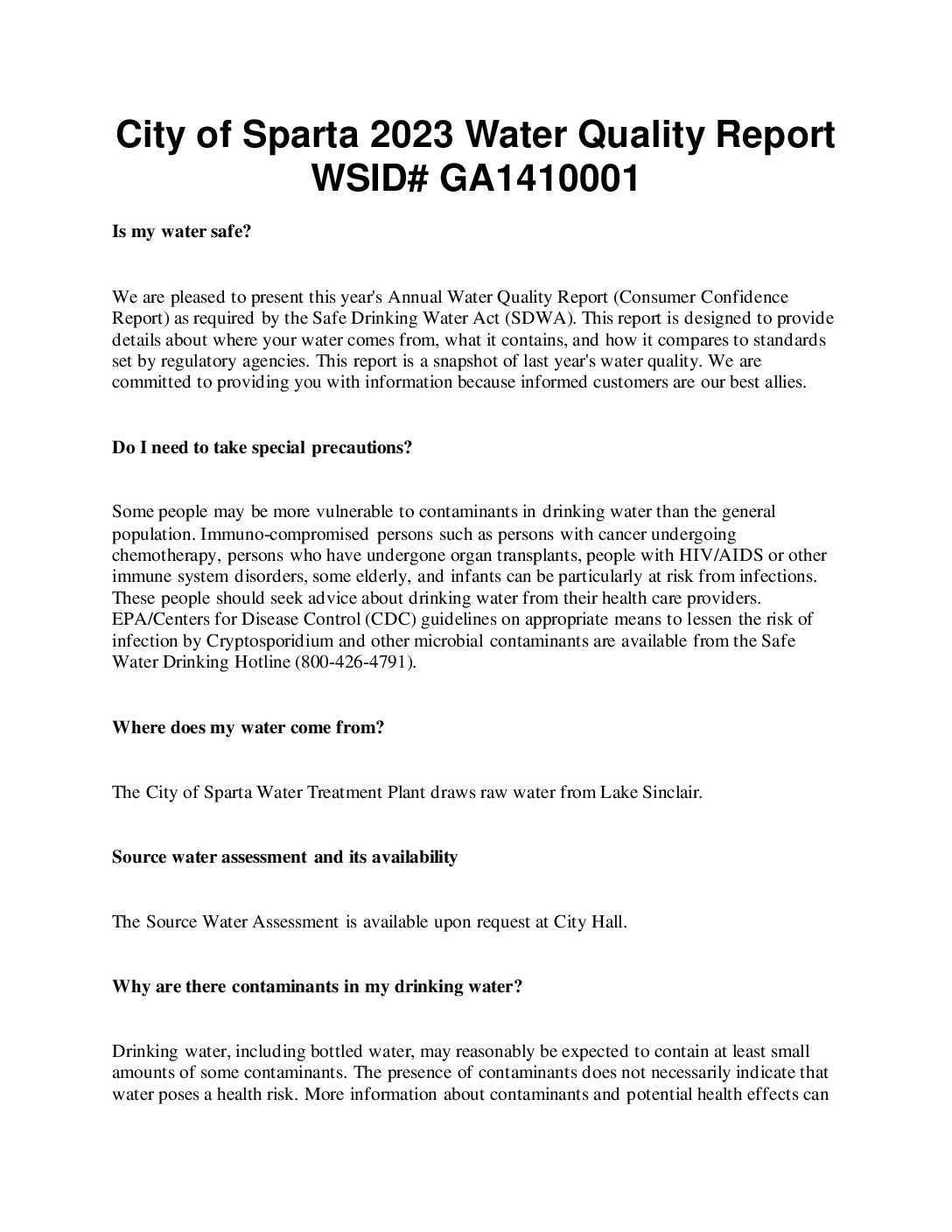 Sparta2023WaterQuality The City Of Sparta